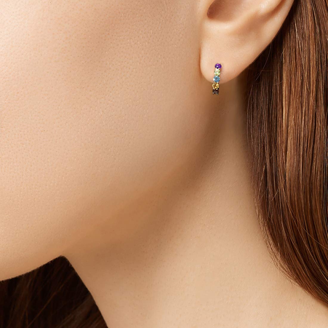 14k Rainbow Gemstones Huggie Cartilage Hoop Earrings