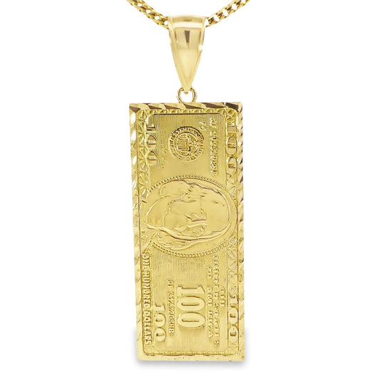 10K Yellow Gold Benjamin's One Hundred Dollar Bill Money $ Charm Pendant