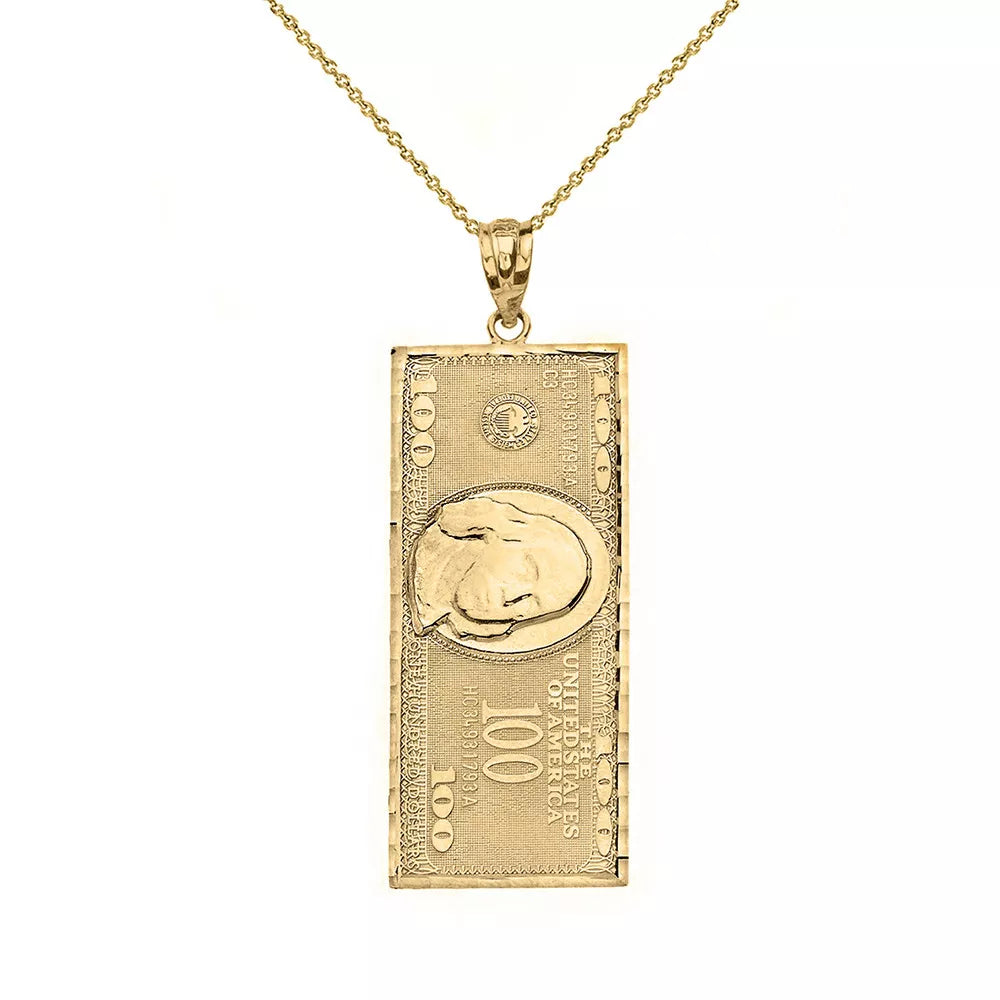 10K Yellow Gold Benjamin's One Hundred Dollar Bill Money $ Charm Pendant