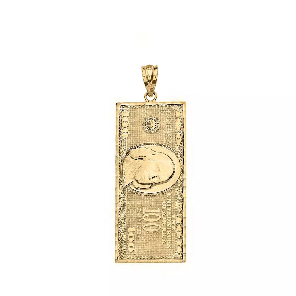 10K Yellow Gold Benjamin's One Hundred Dollar Bill Money $ Charm Pendant