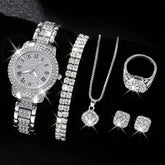 Luxury Rhinestone Quartz Watch Hiphop Fashion Analog Wrist Watch & 6pcs Jewelry Set