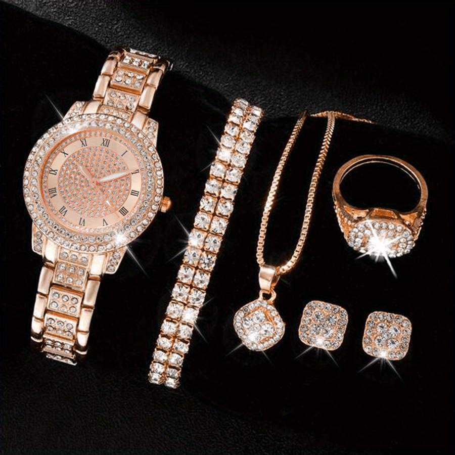 Luxury Rhinestone Quartz Watch Hiphop Fashion Analog Wrist Watch & 6pcs Jewelry Set