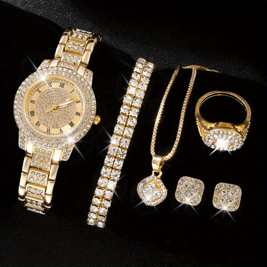 Luxury Rhinestone Quartz Watch Hiphop Fashion Analog Wrist Watch & 6pcs Jewelry Set