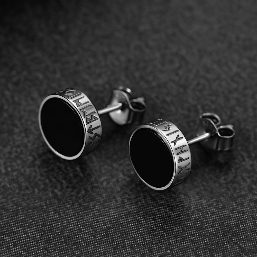 EwigJewels Sterling Silver Viking Runes Black Onyx Stud Earrings For Men